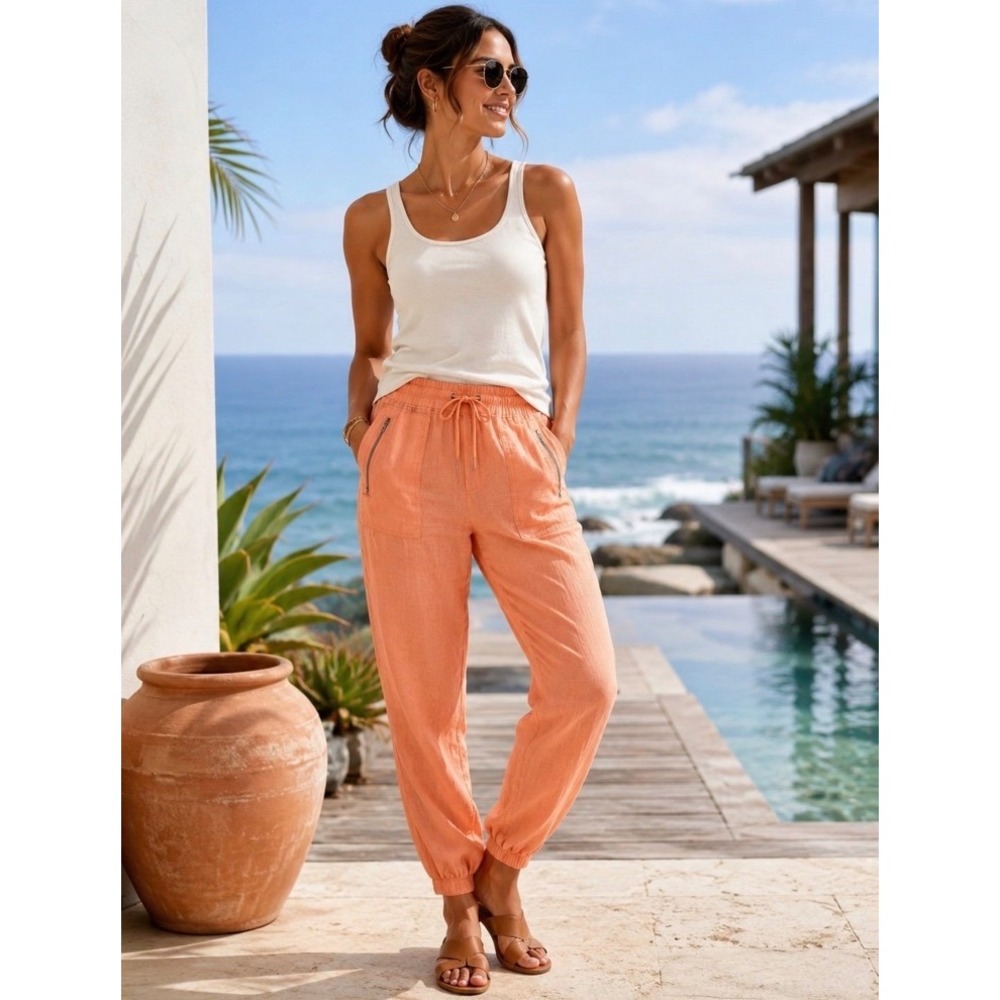 Athleta Cabo Linen Jogger Pants Womens 16 Orange Elastic Waist Drawstring Pocket